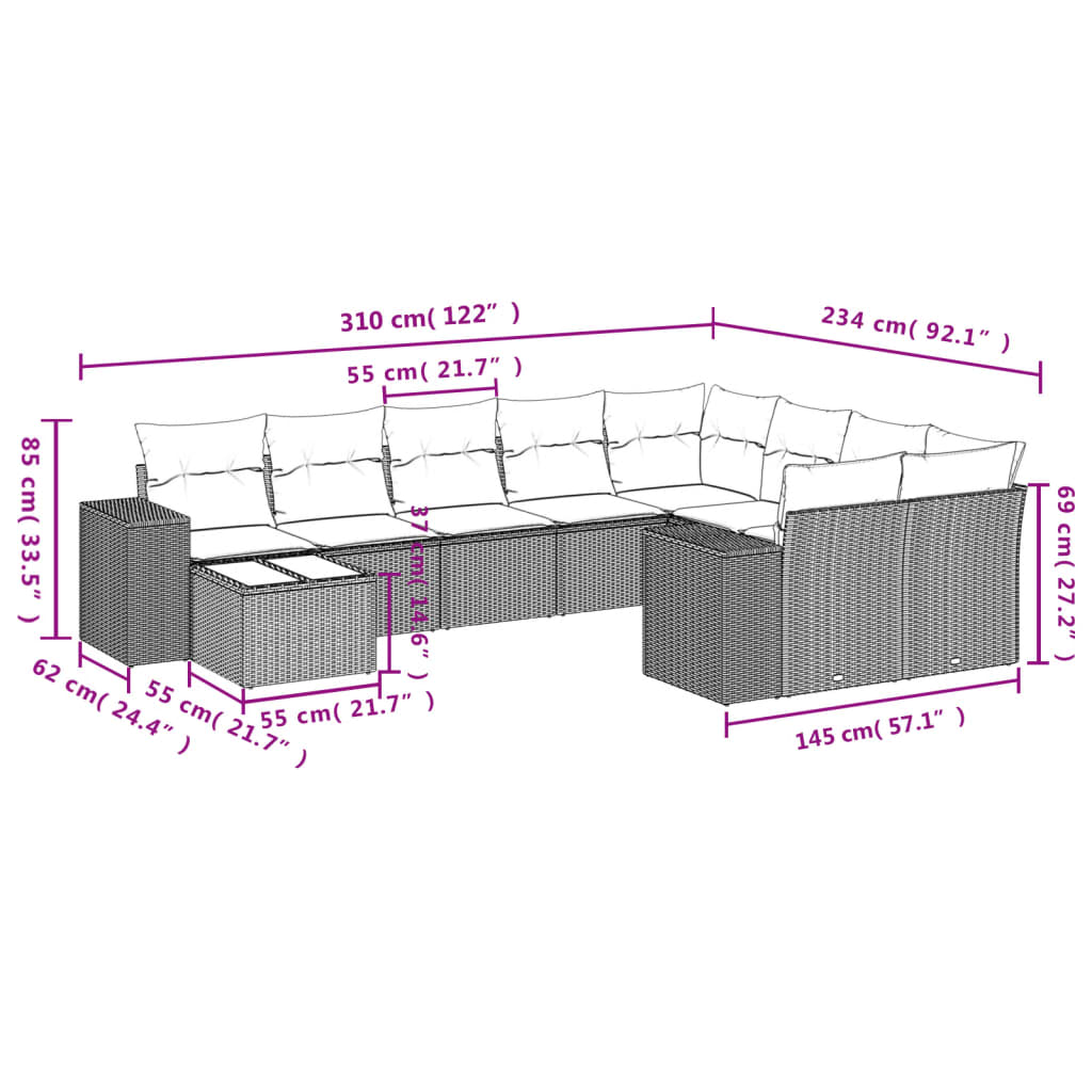 10-Delige Loungeset Met Kussens Poly Rattan Zwart