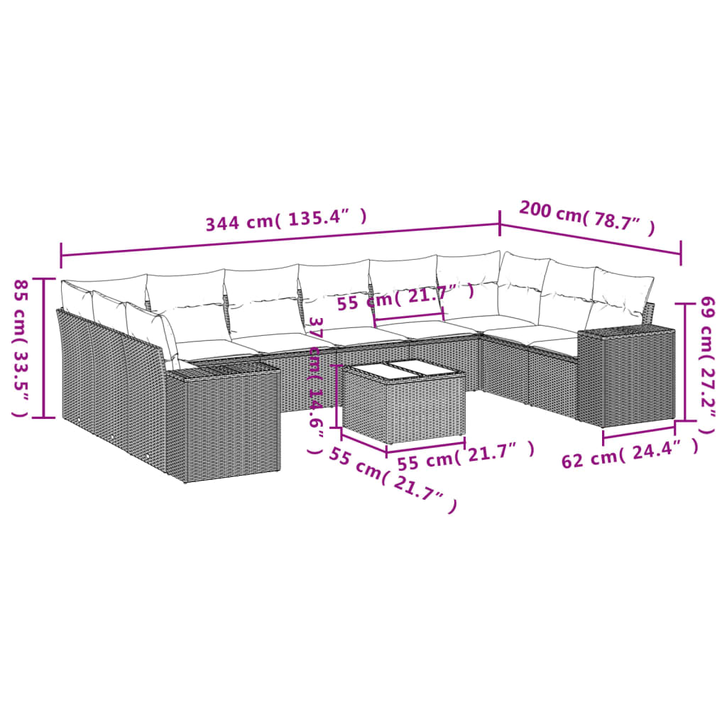 11-Delige Loungeset Met Kussens Poly Rattan Zwart