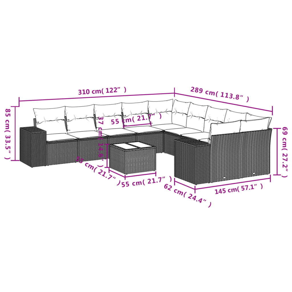 11-Delige Loungeset Met Kussens Poly Rattan Zwart