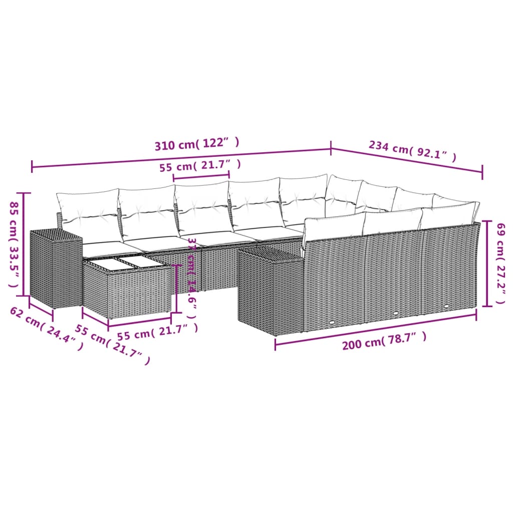 11-Delige Loungeset Met Kussens Poly Rattan Zwart