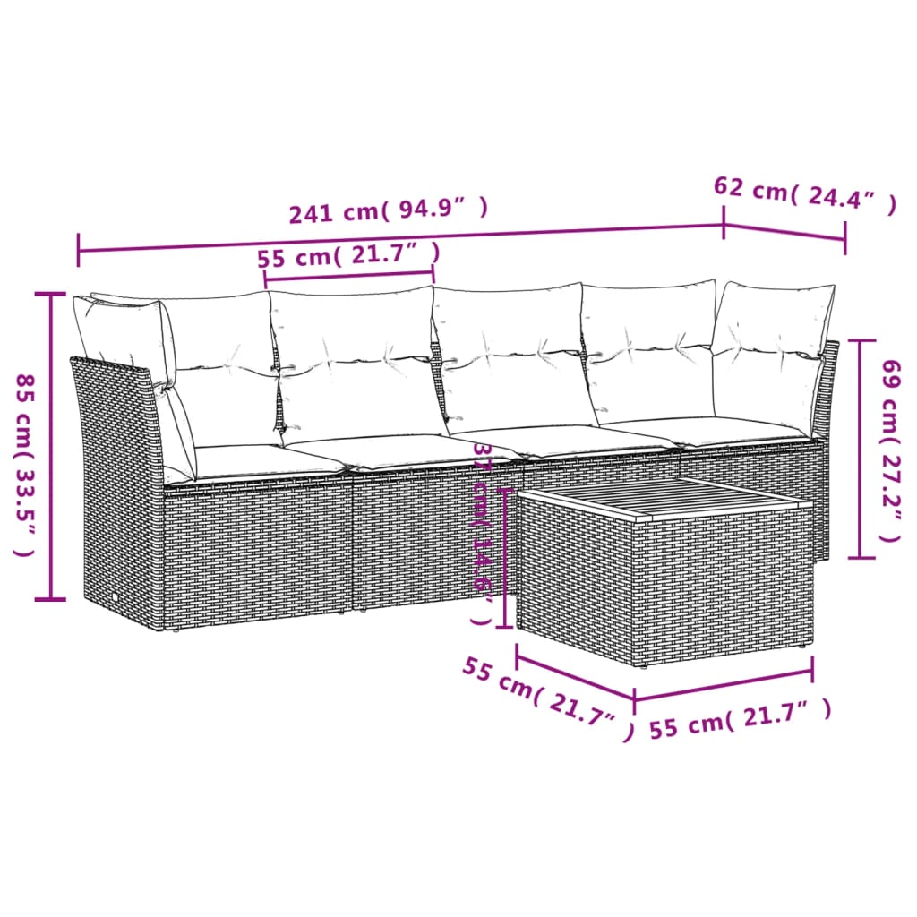 5-Delige Loungeset Met Kussens Poly Rattan Grijs