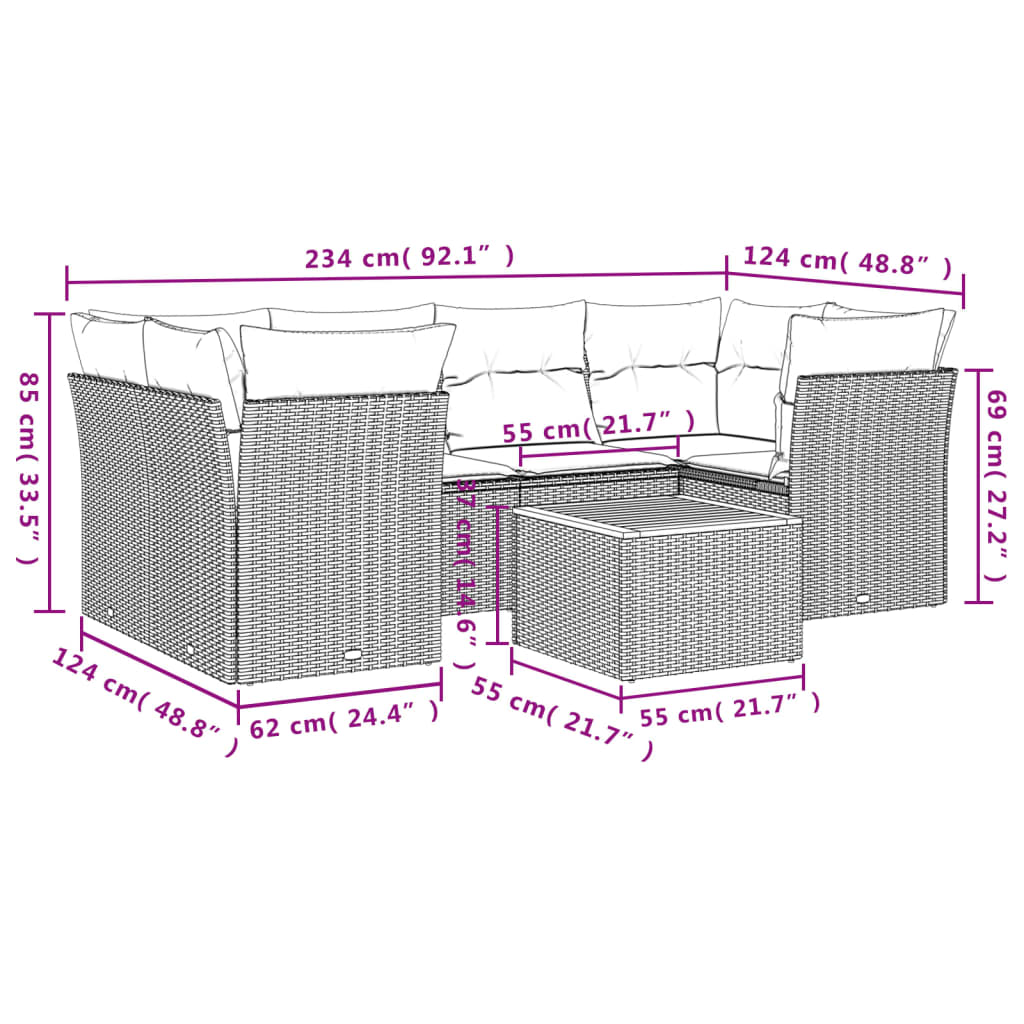 7-Delige Loungeset Met Kussens Poly Rattan Grijs