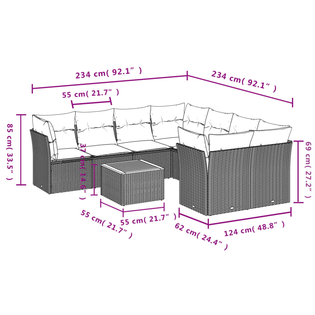 9-Delige Loungeset Met Kussens Poly Rattan Grijs