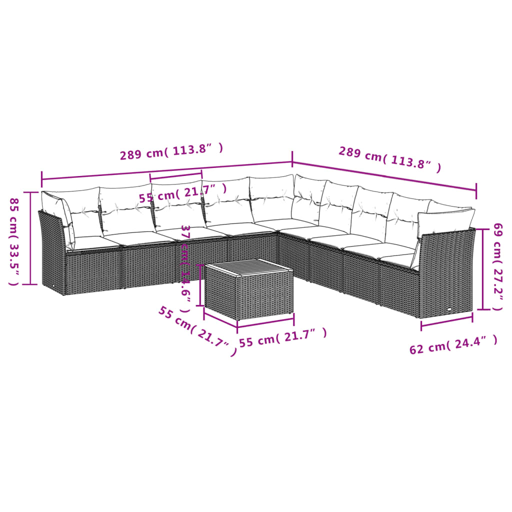 10-Delige Loungeset Met Kussens Poly Rattan Grijs