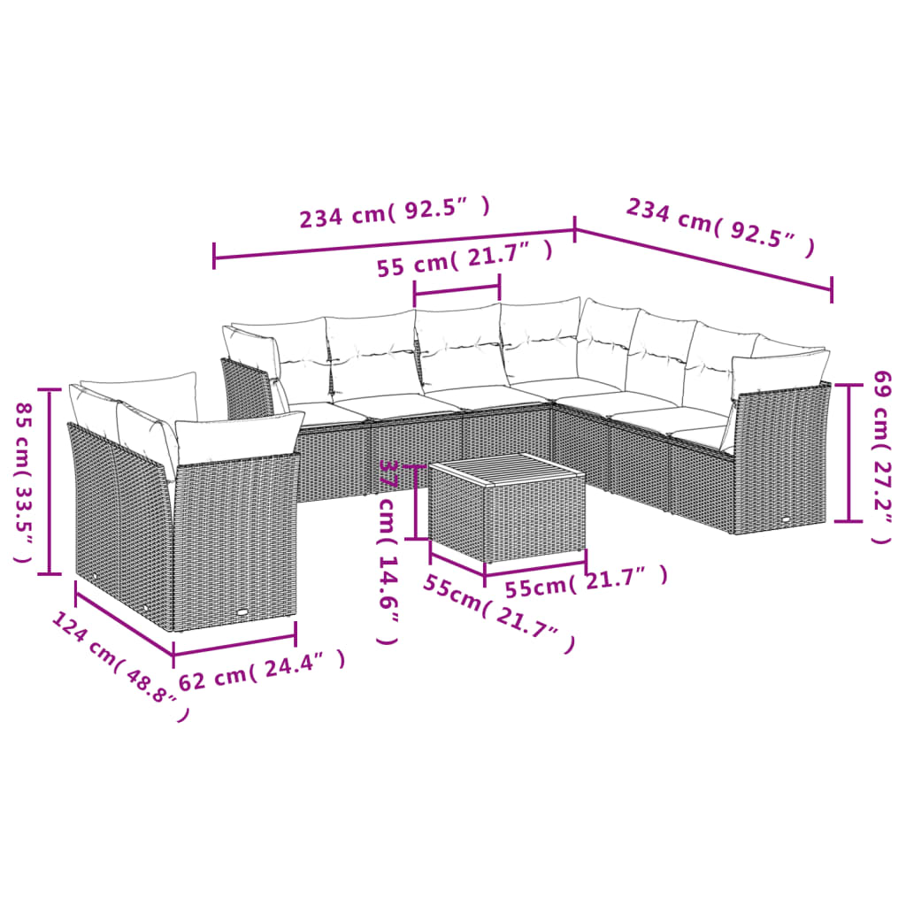 11-Delige Loungeset Met Kussens Poly Rattan Zwart