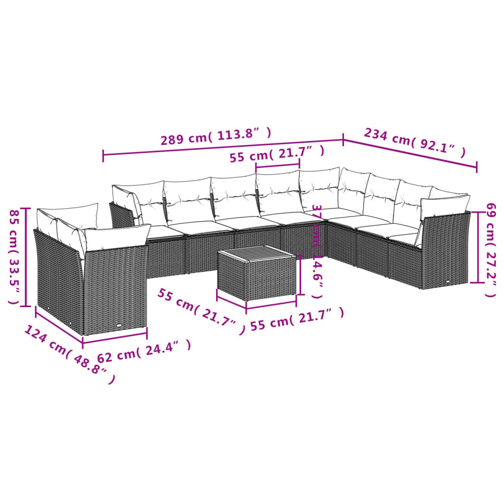 11-Delige Loungeset Met Kussens Poly Rattan Zwart