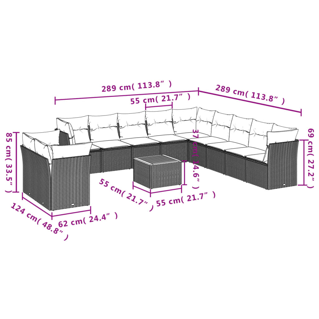 12-Delige Loungeset Met Kussens Poly Rattan Zwart