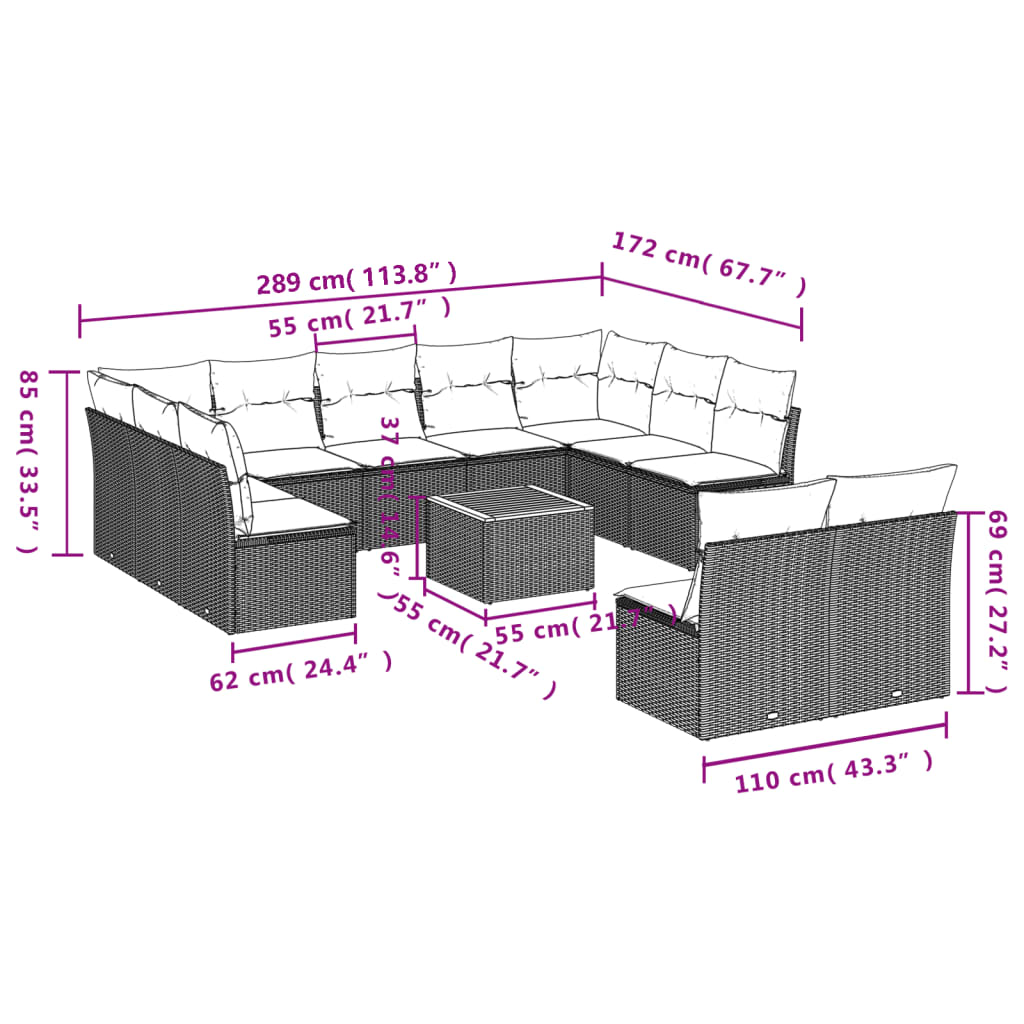 12-Delige Loungeset Met Kussens Poly Rattan Grijs