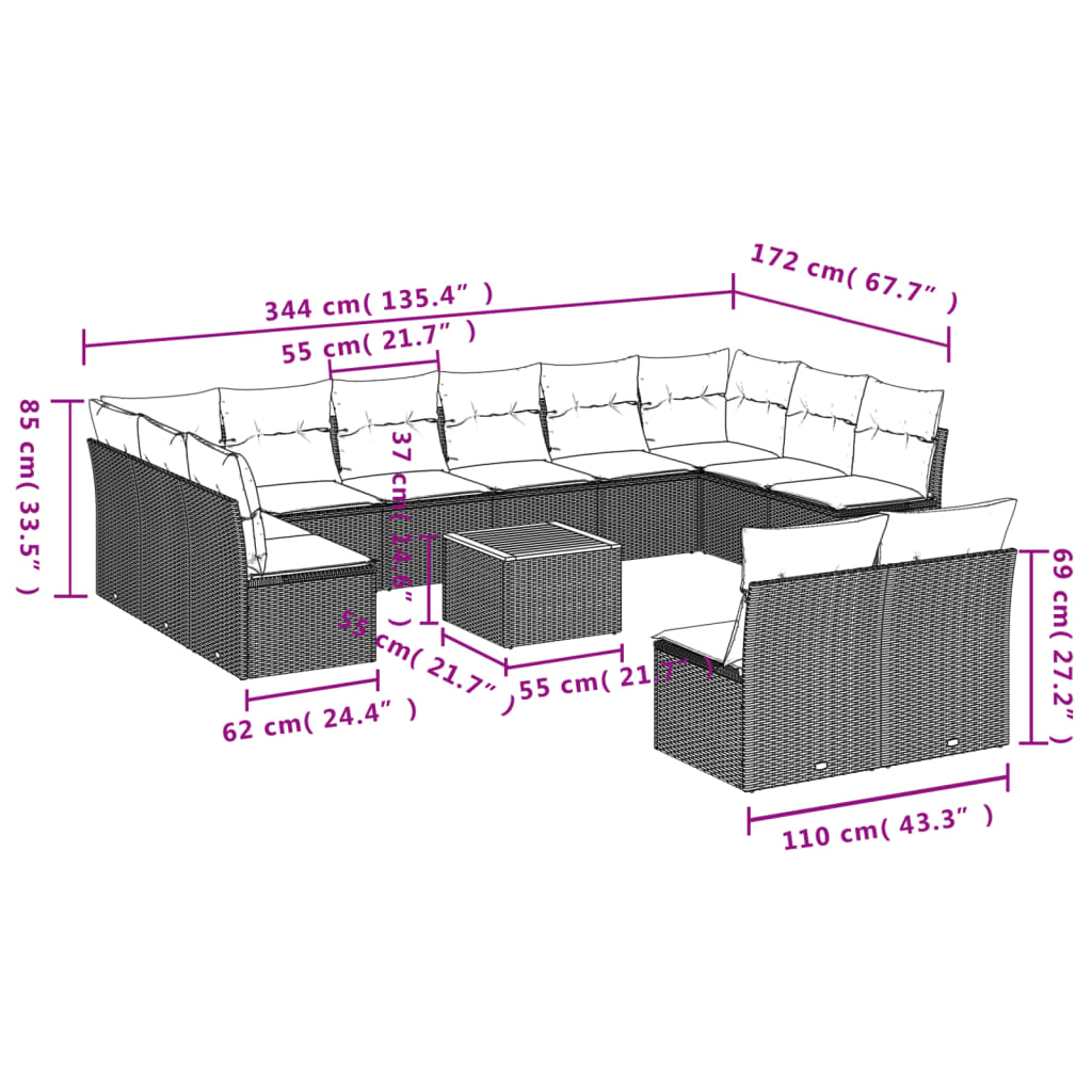 13-Delige Loungeset Met Kussens Poly Rattan Zwart