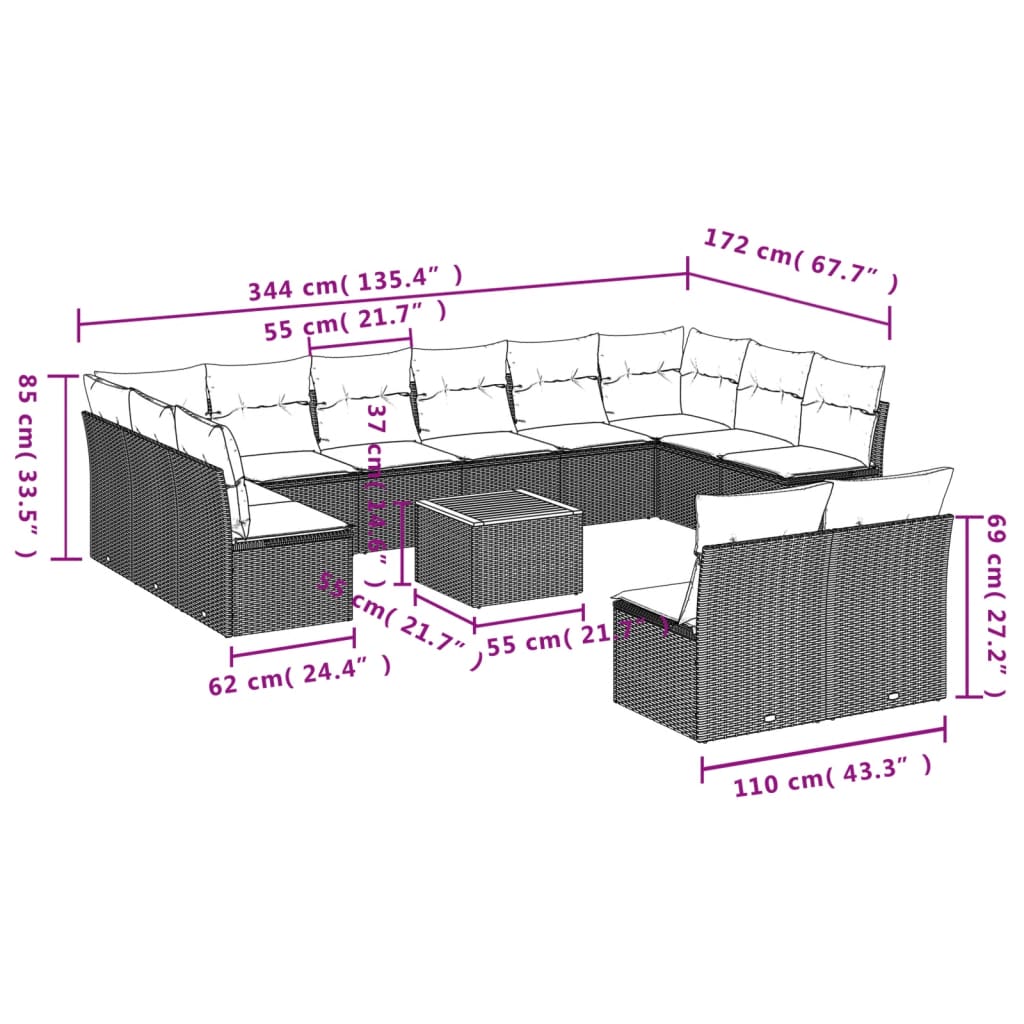 13-Delige Loungeset Met Kussens Poly Rattan Grijs