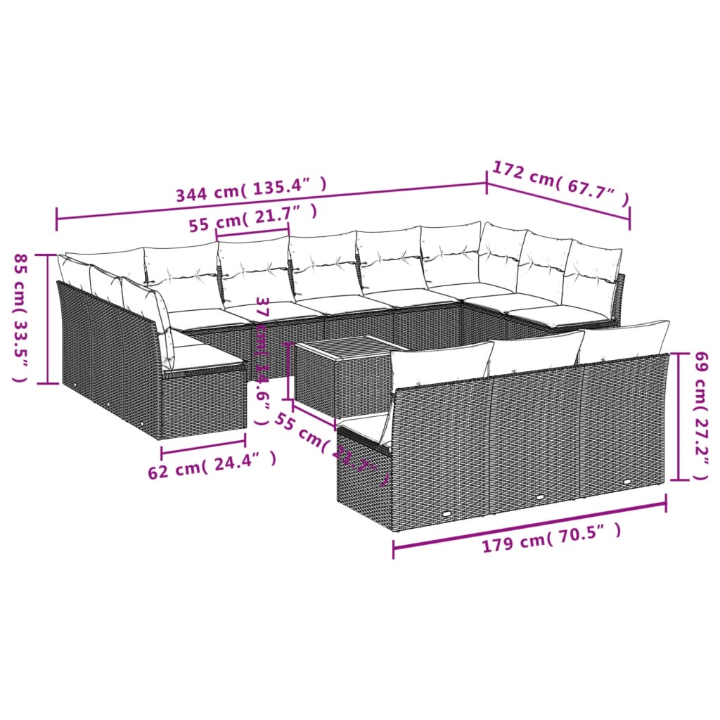 14-Delige Loungeset Met Kussens Poly Rattan Grijs