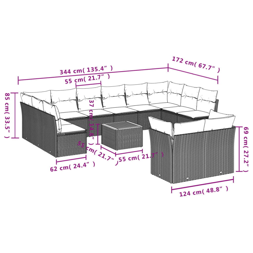 13-Delige Loungeset Met Kussens Poly Rattan Zwart