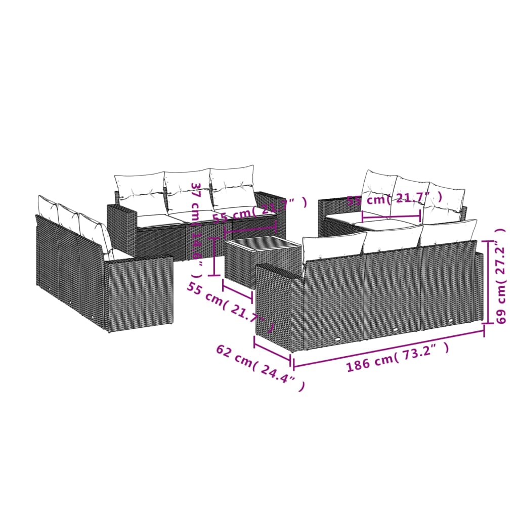 13-Delige Loungeset Met Kussens Poly Rattan Zwart