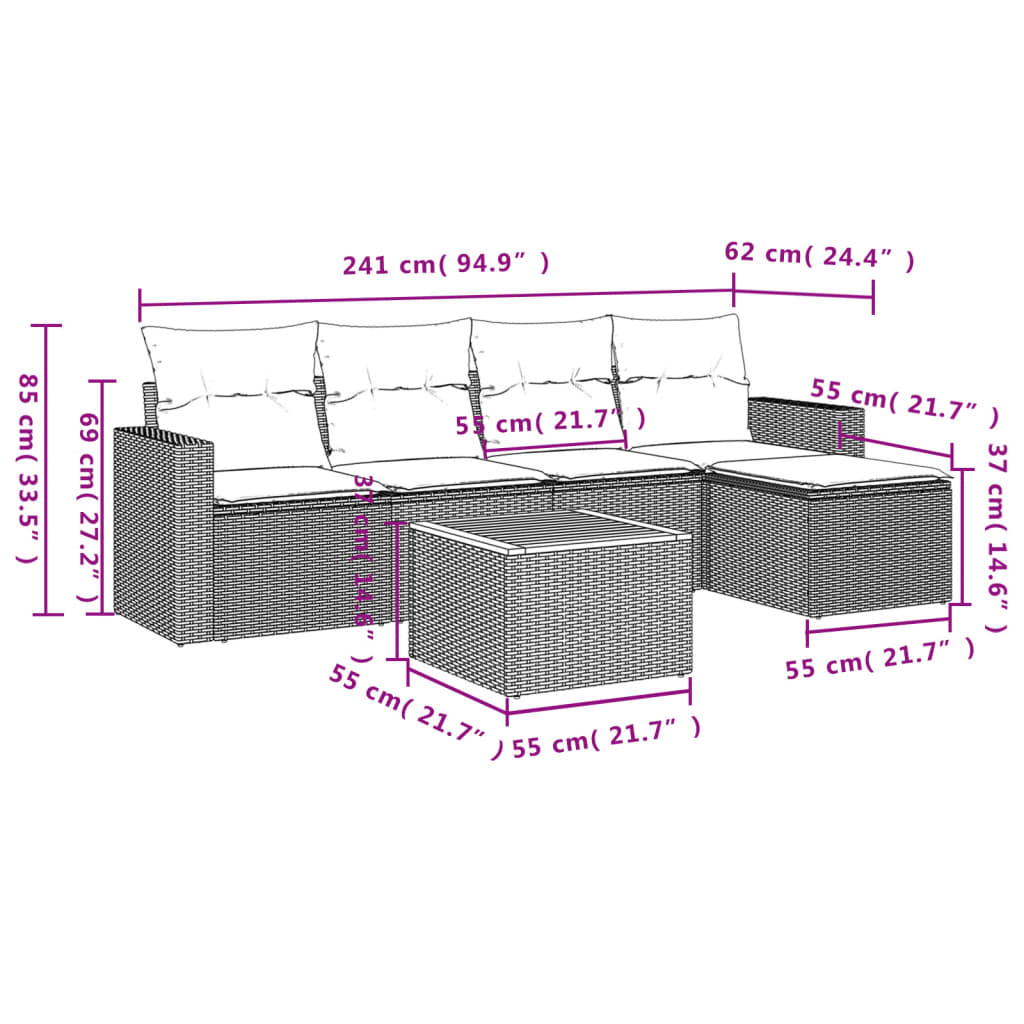 6-Delige Loungeset Met Kussens Poly Rattan Grijs