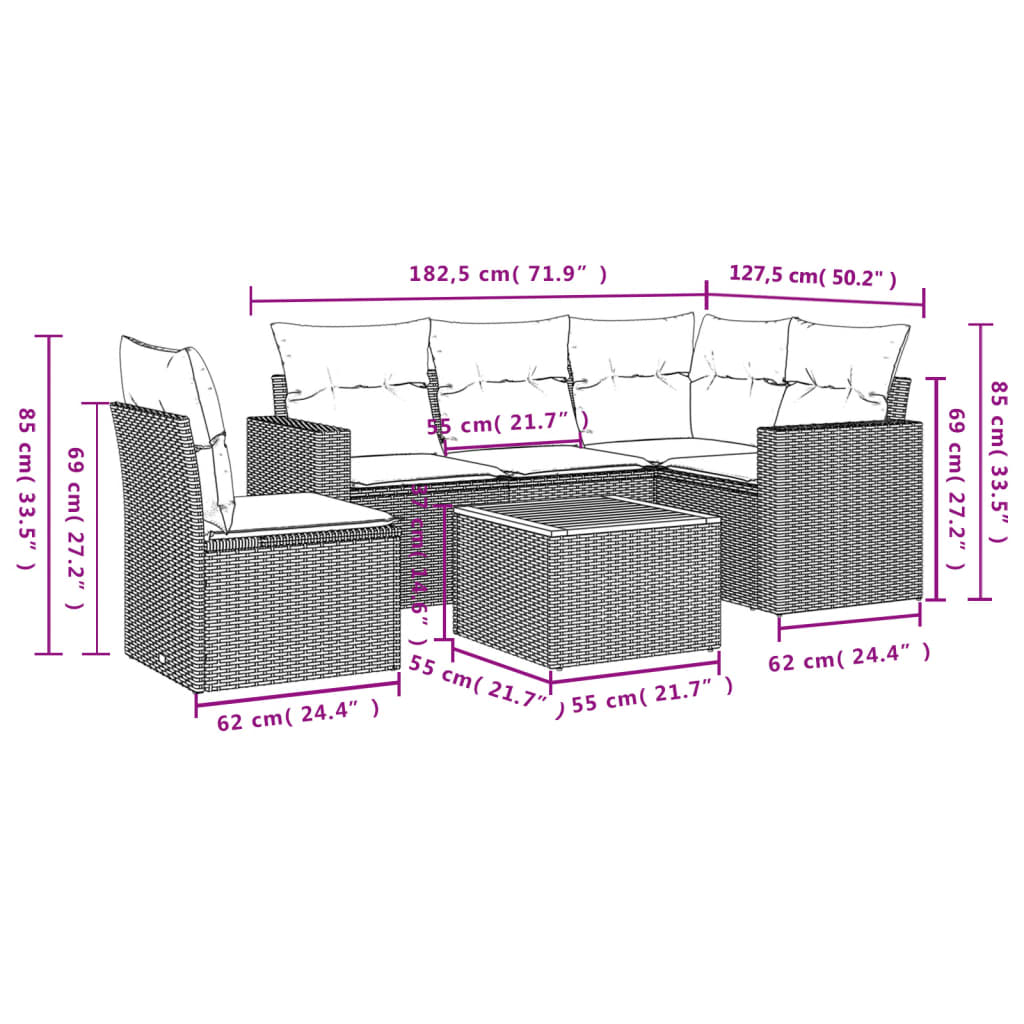 6-Delige Loungeset Met Kussens Poly Rattan Grijs