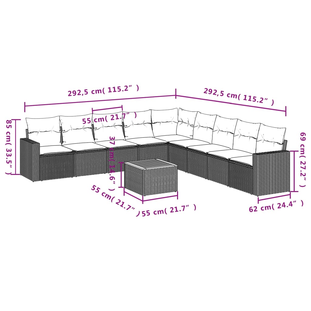 10-Delige Loungeset Met Kussens Poly Rattan Zwart