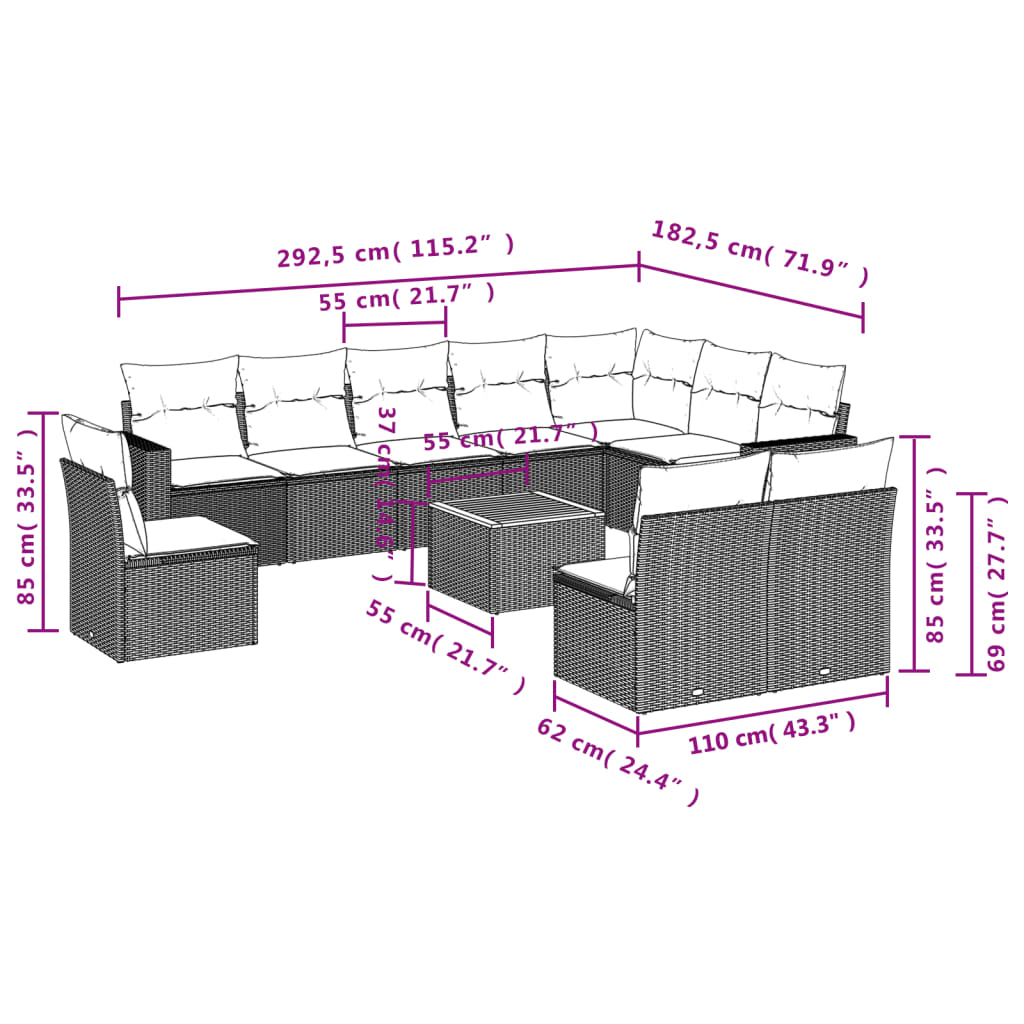 11-Delige Loungeset Met Kussens Poly Rattan Zwart