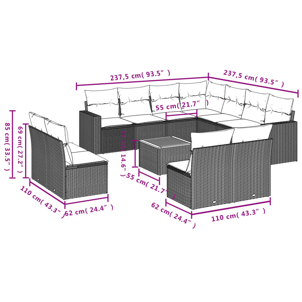 12-Delige Loungeset Met Kussens Poly Rattan Zwart