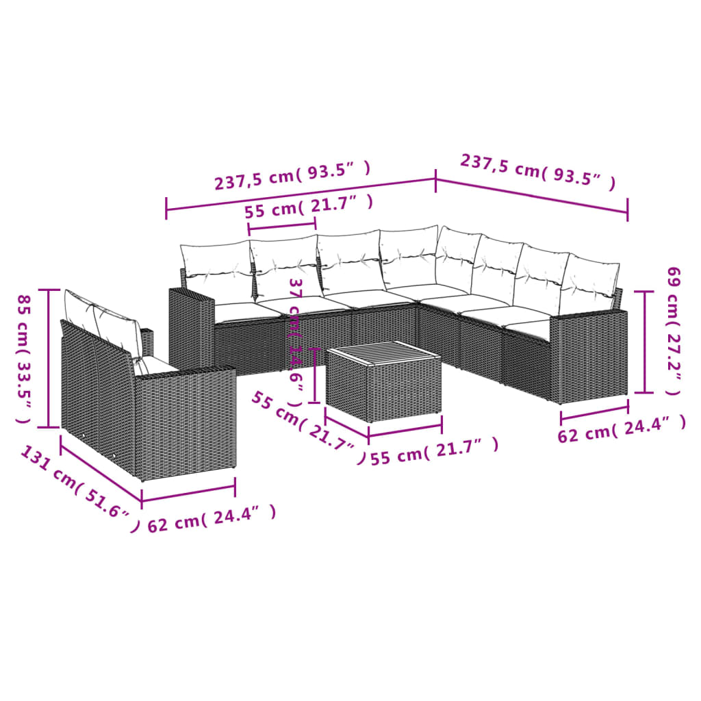 10-Delige Loungeset Met Kussens Poly Rattan Zwart