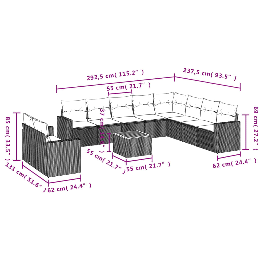 12-Delige Loungeset Met Kussens Poly Rattan Zwart