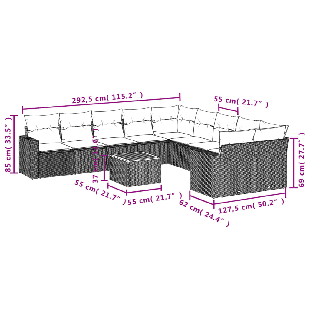 11-Delige Loungeset Met Kussens Poly Rattan Grijs