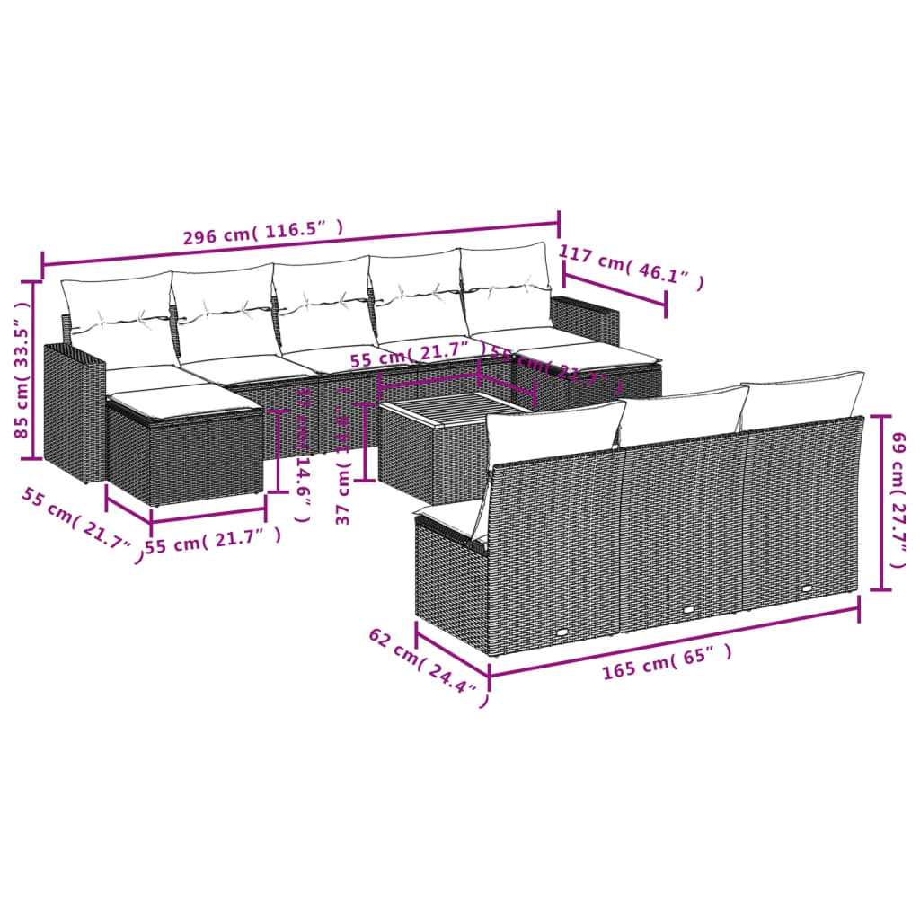 11-Delige Loungeset Met Kussens Poly Rattan Zwart