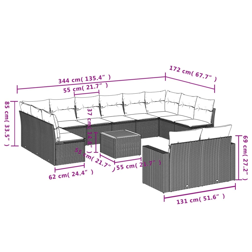 13-Delige Loungeset Met Kussens Poly Rattan Zwart