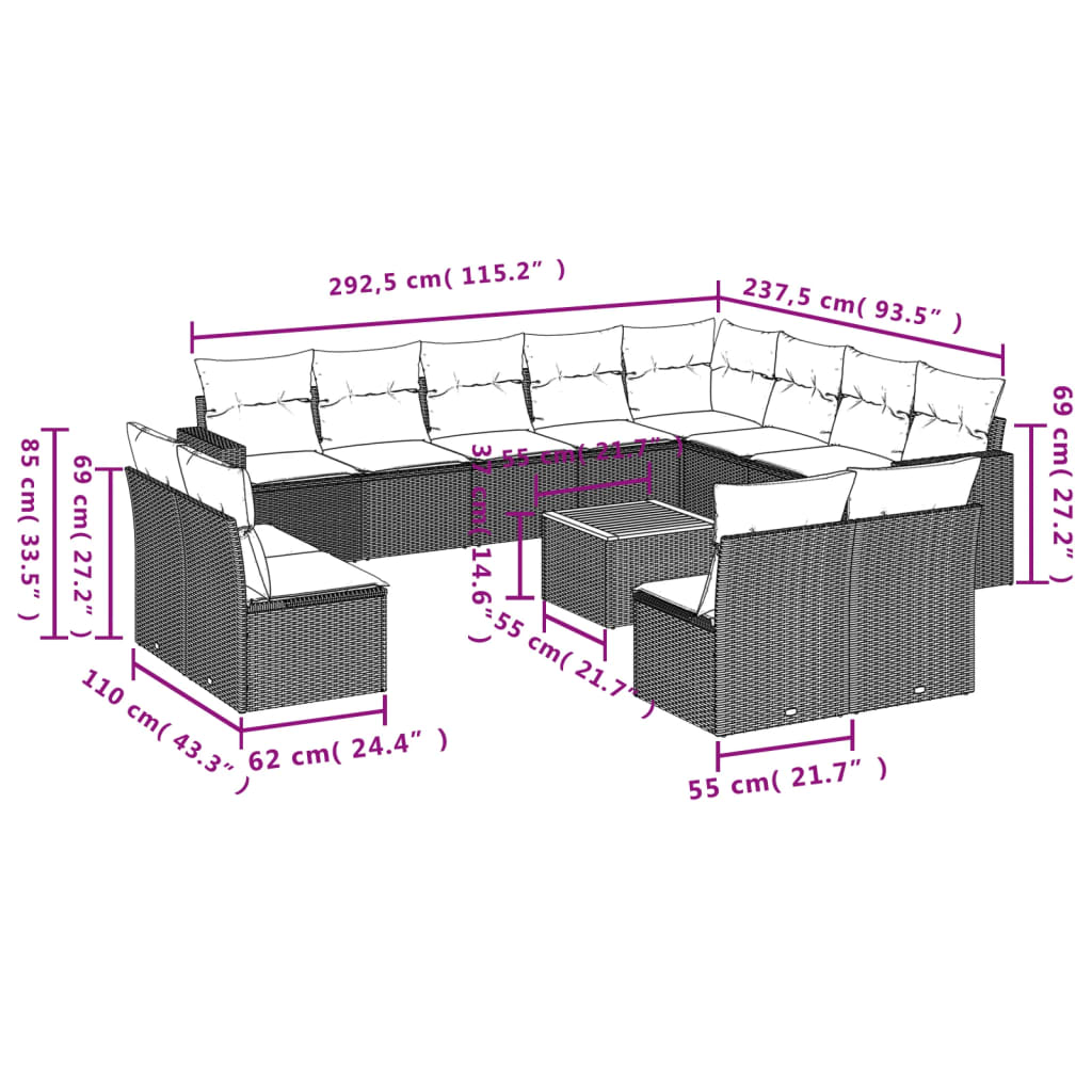 13-Delige Loungeset Met Kussens Poly Rattan Zwart