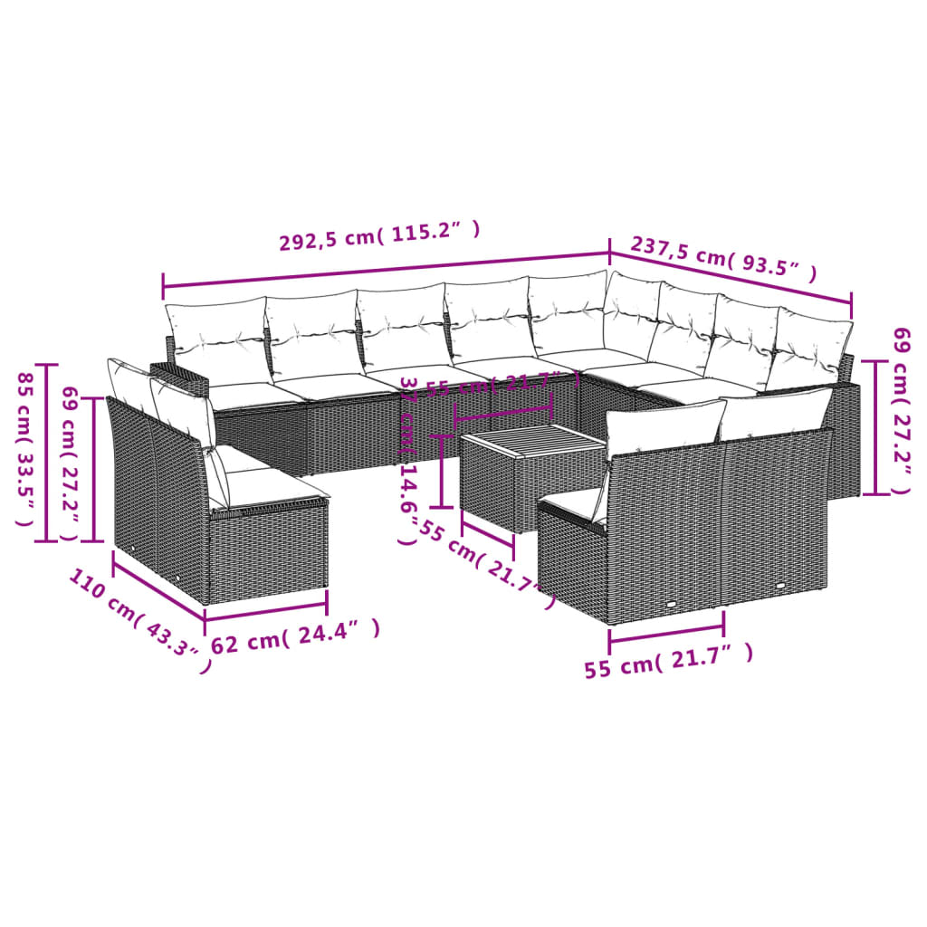 13-Delige Loungeset Met Kussens Poly Rattan Grijs