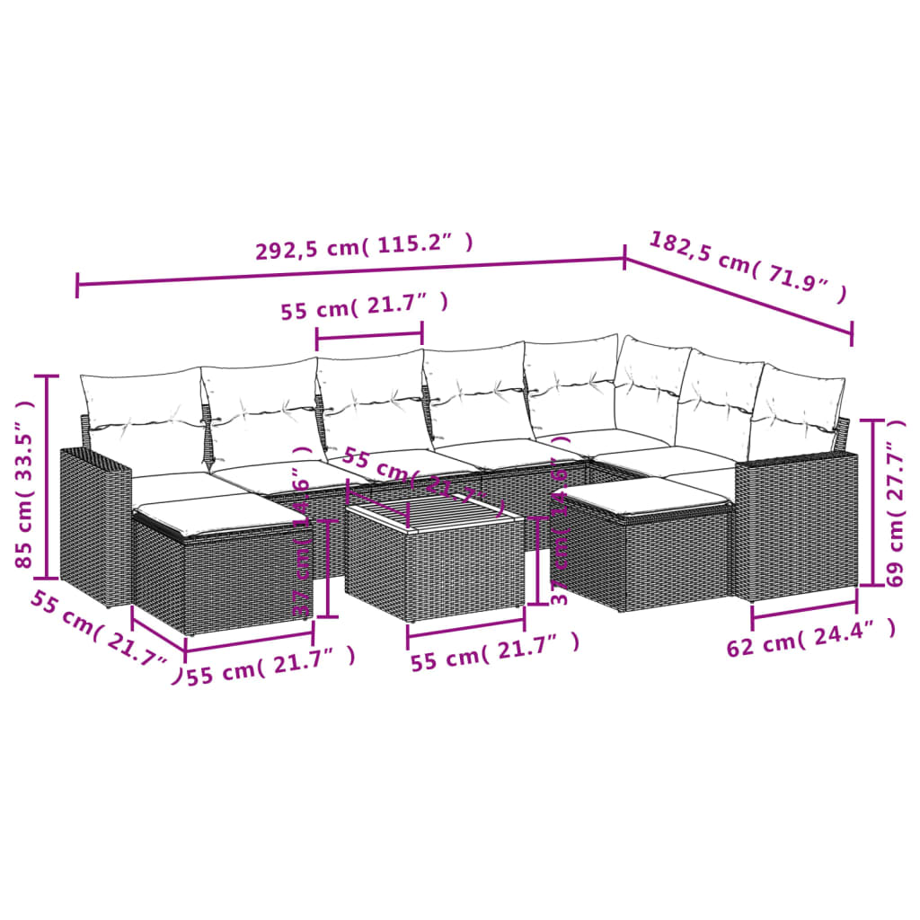 10-Delige Loungeset Met Kussens Poly Rattan Grijs