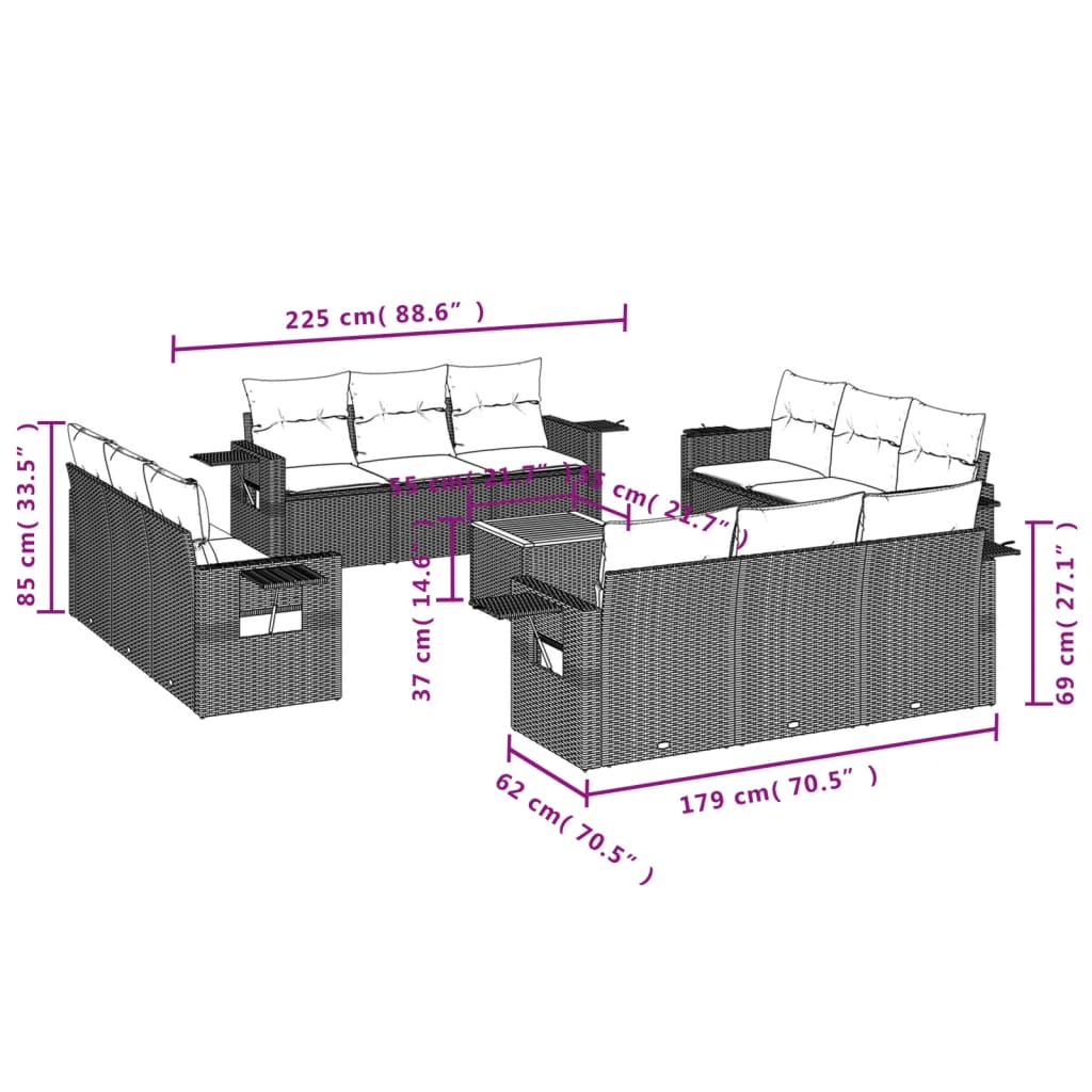 13-Delige Loungeset Met Kussens Poly Rattan Grijs