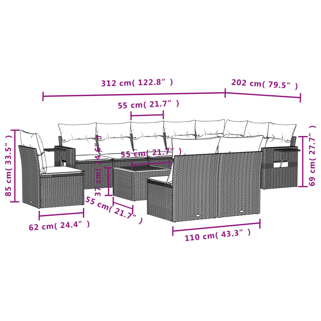 11-Delige Loungeset Met Kussens Poly Rattan Grijs