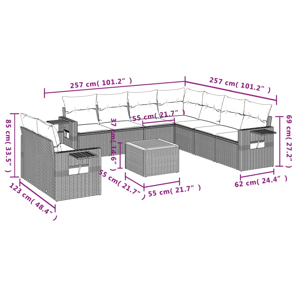 10-Delige Loungeset Met Kussens Poly Rattan Grijs