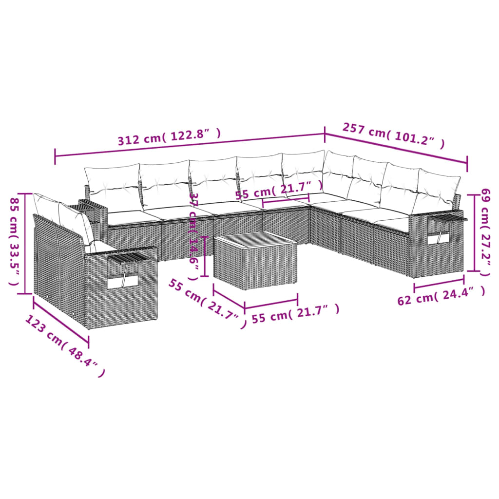 11-Delige Loungeset Met Kussens Poly Rattan Zwart