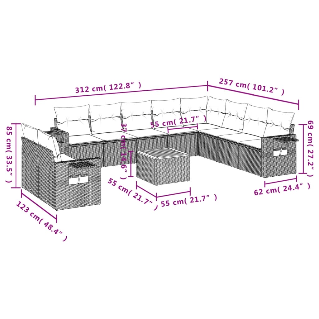 11-Delige Loungeset Met Kussens Poly Rattan Grijs