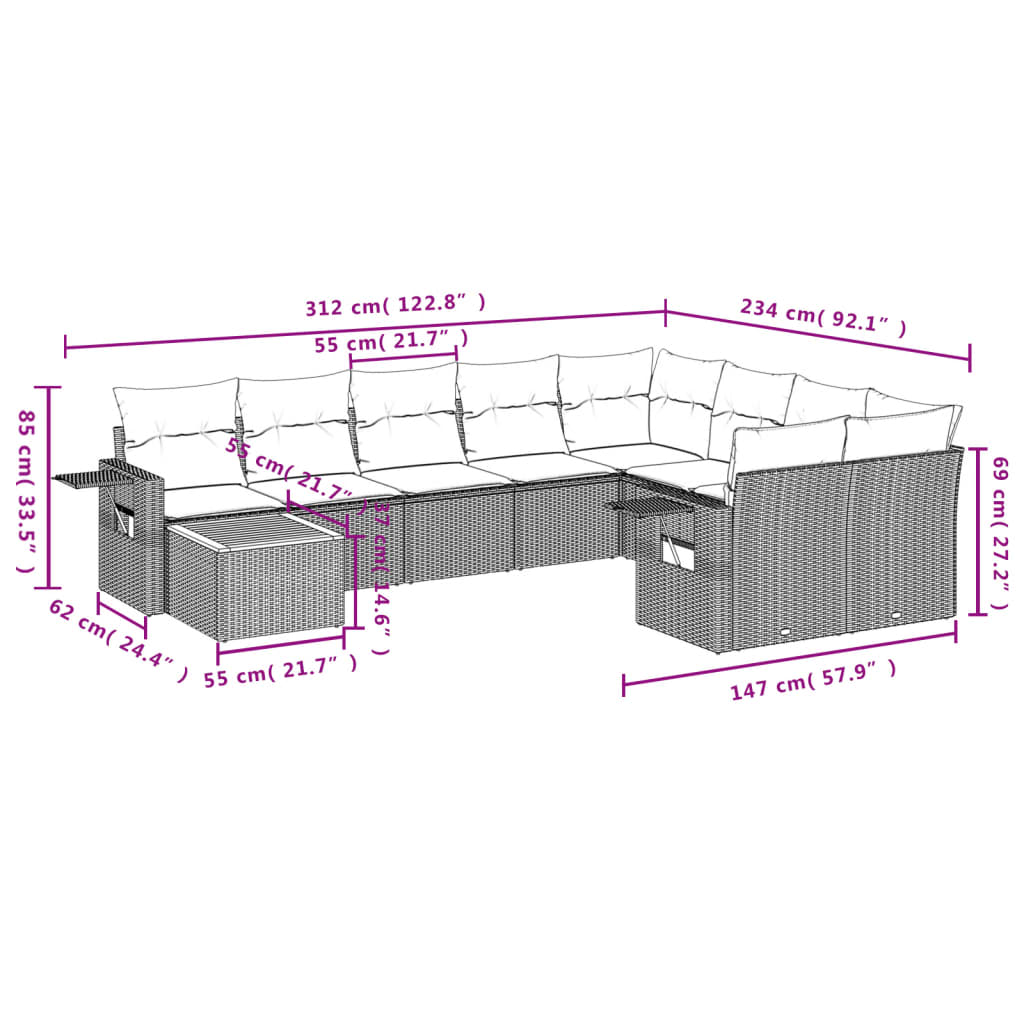 10-Delige Loungeset Met Kussens Poly Rattan Grijs