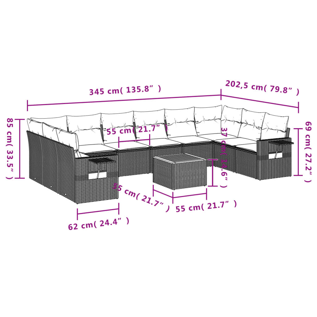 11-Delige Loungeset Met Kussens Poly Rattan Grijs