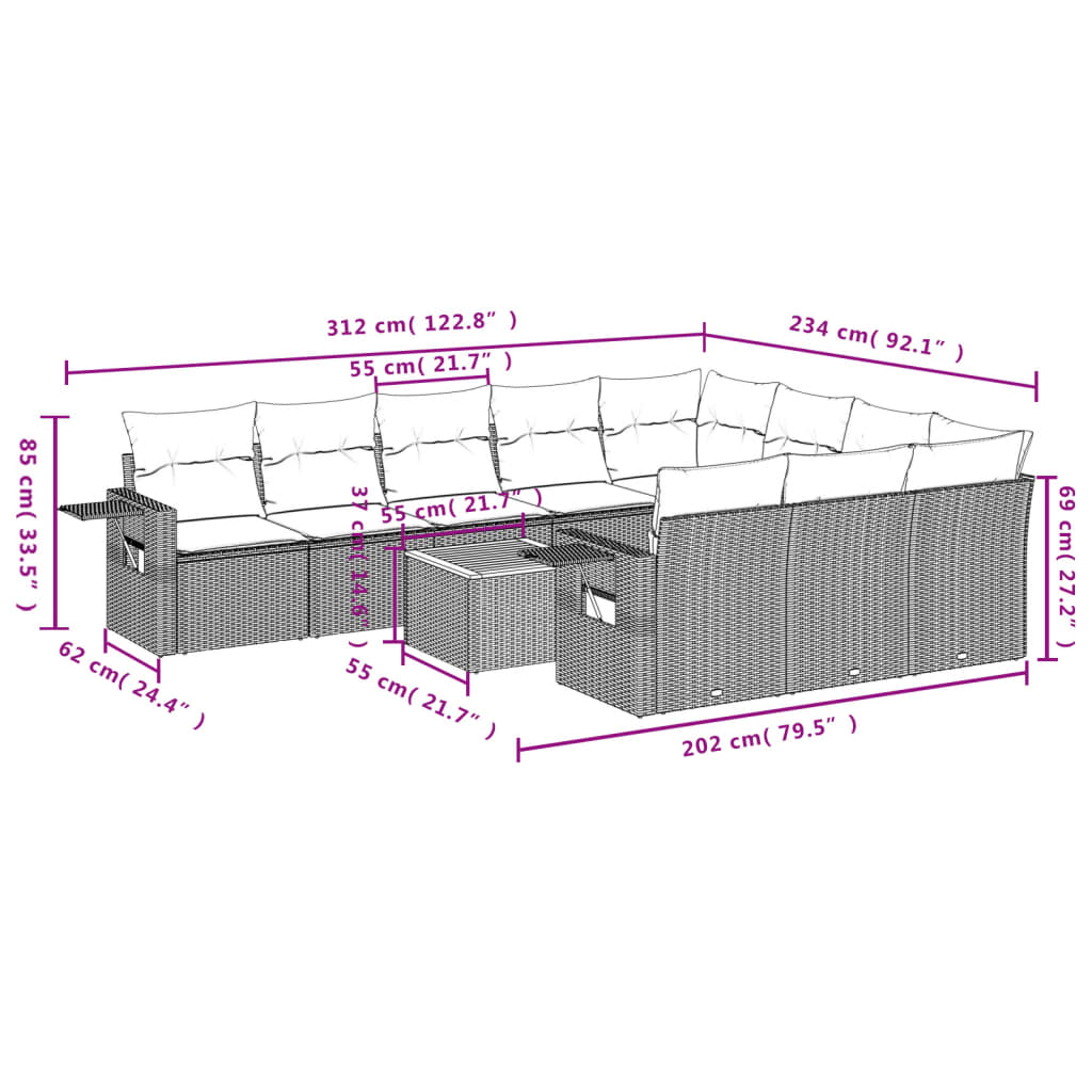 11-Delige Loungeset Met Kussens Poly Rattan Zwart