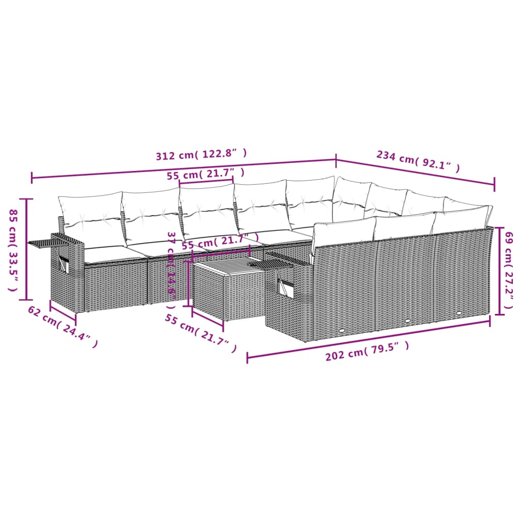 11-Delige Loungeset Met Kussens Poly Rattan Zwart