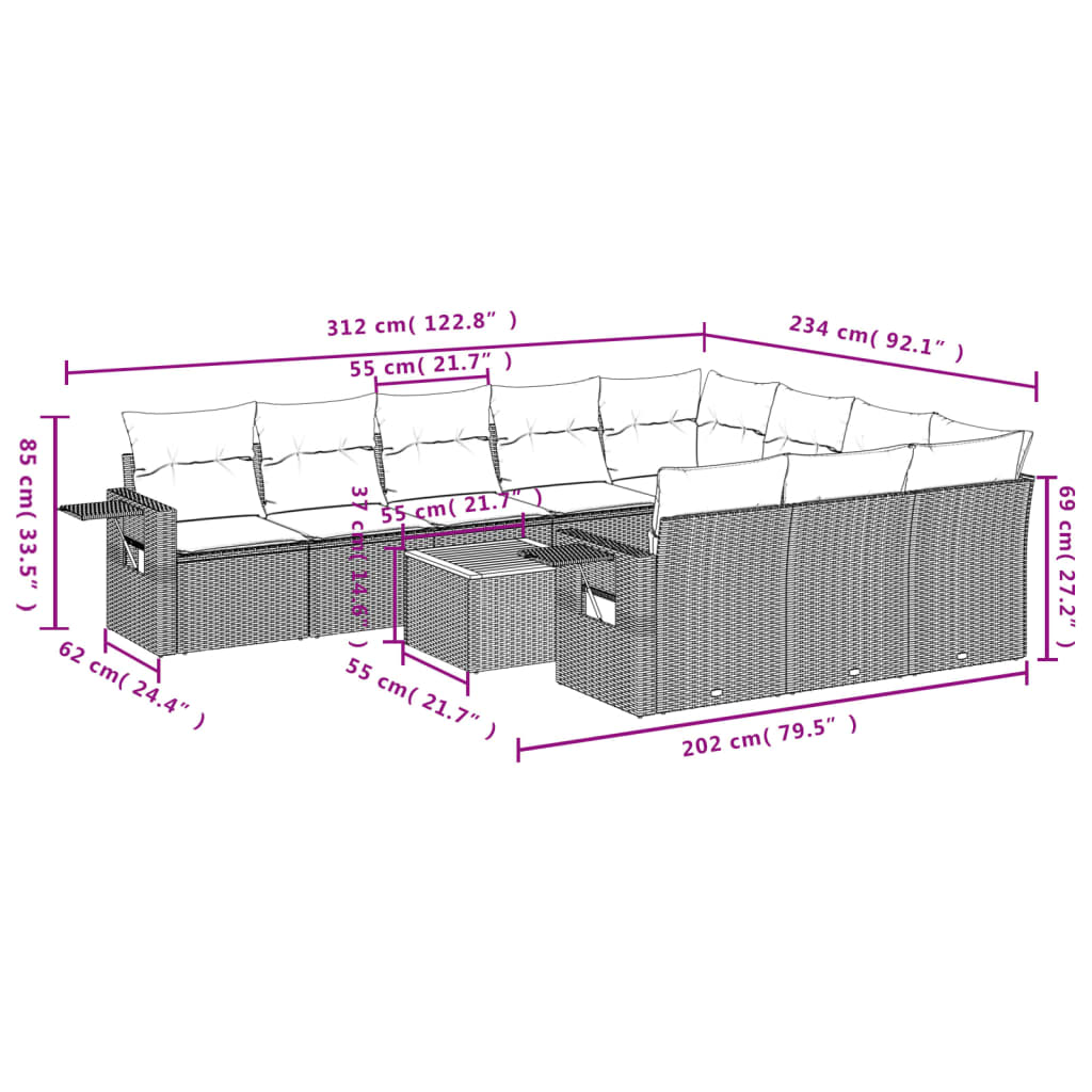 11-Delige Loungeset Met Kussens Poly Rattan Grijs