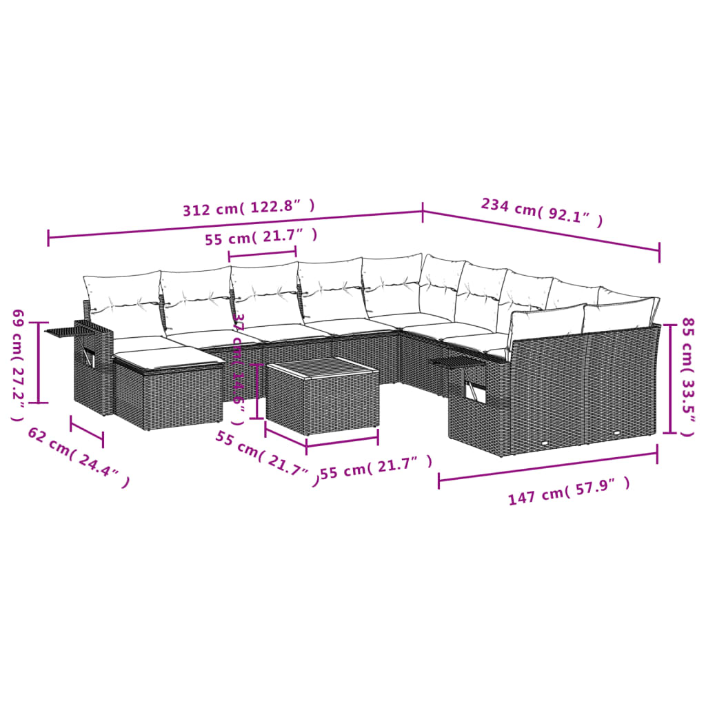 14-Delige Loungeset Met Kussens Poly Rattan Grijs