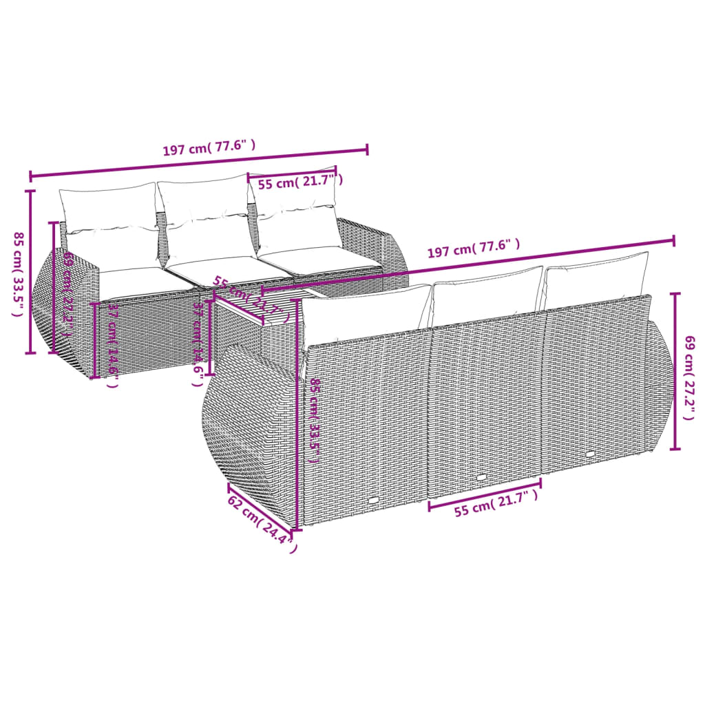 7-Delige Loungeset Met Kussens Poly Rattan Grijs