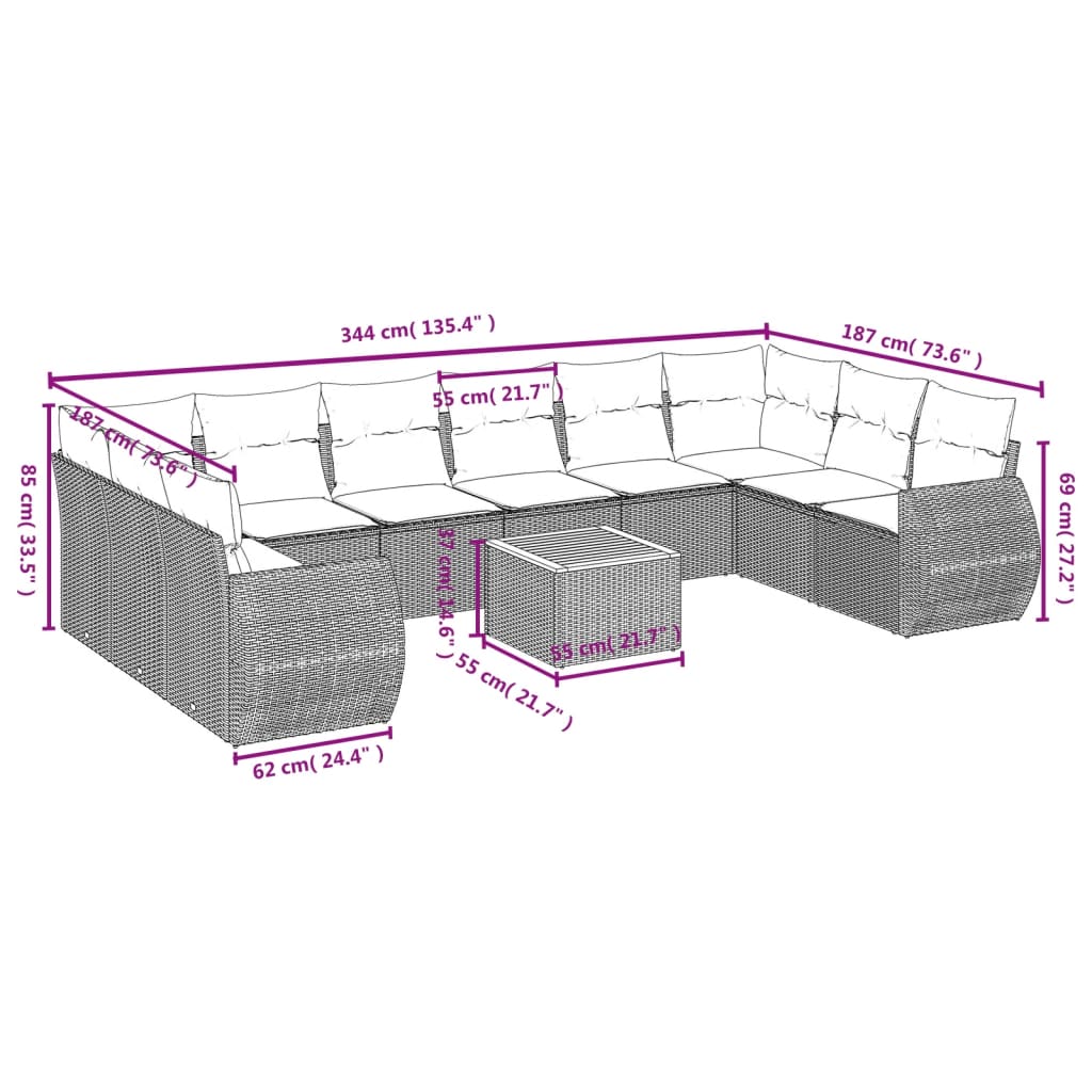 11-Delige Loungeset Met Kussens Poly Rattan Zwart