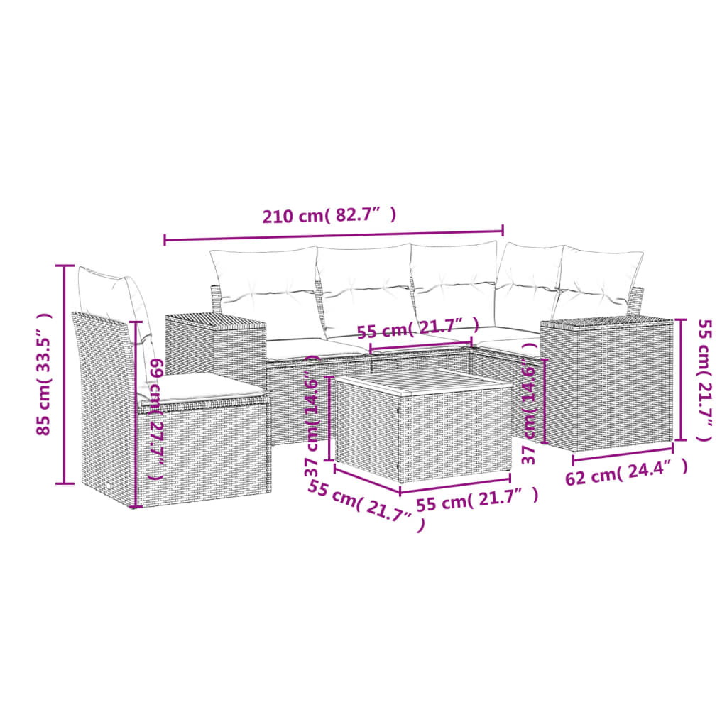 6-Delige Loungeset Met Kussens Poly Rattan Grijs