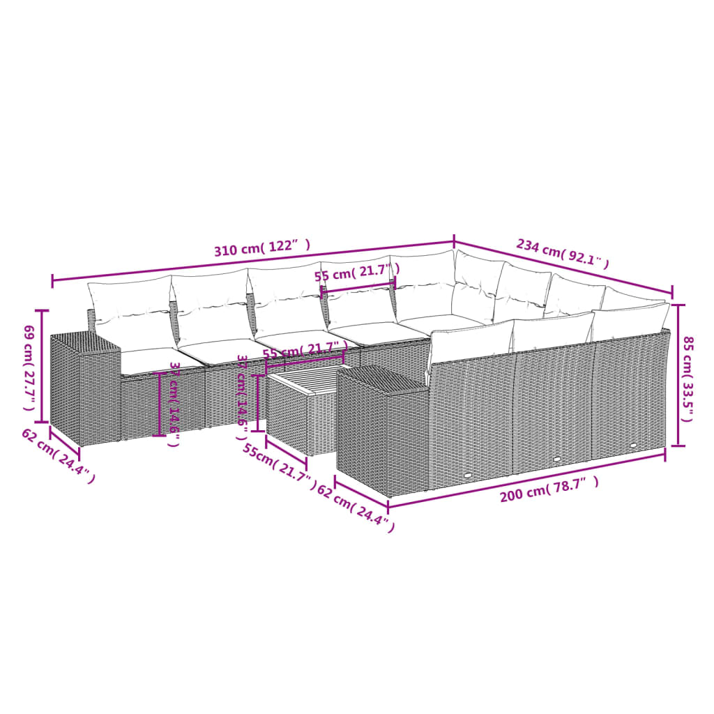 11-Delige Loungeset Met Kussens Poly Rattan Zwart