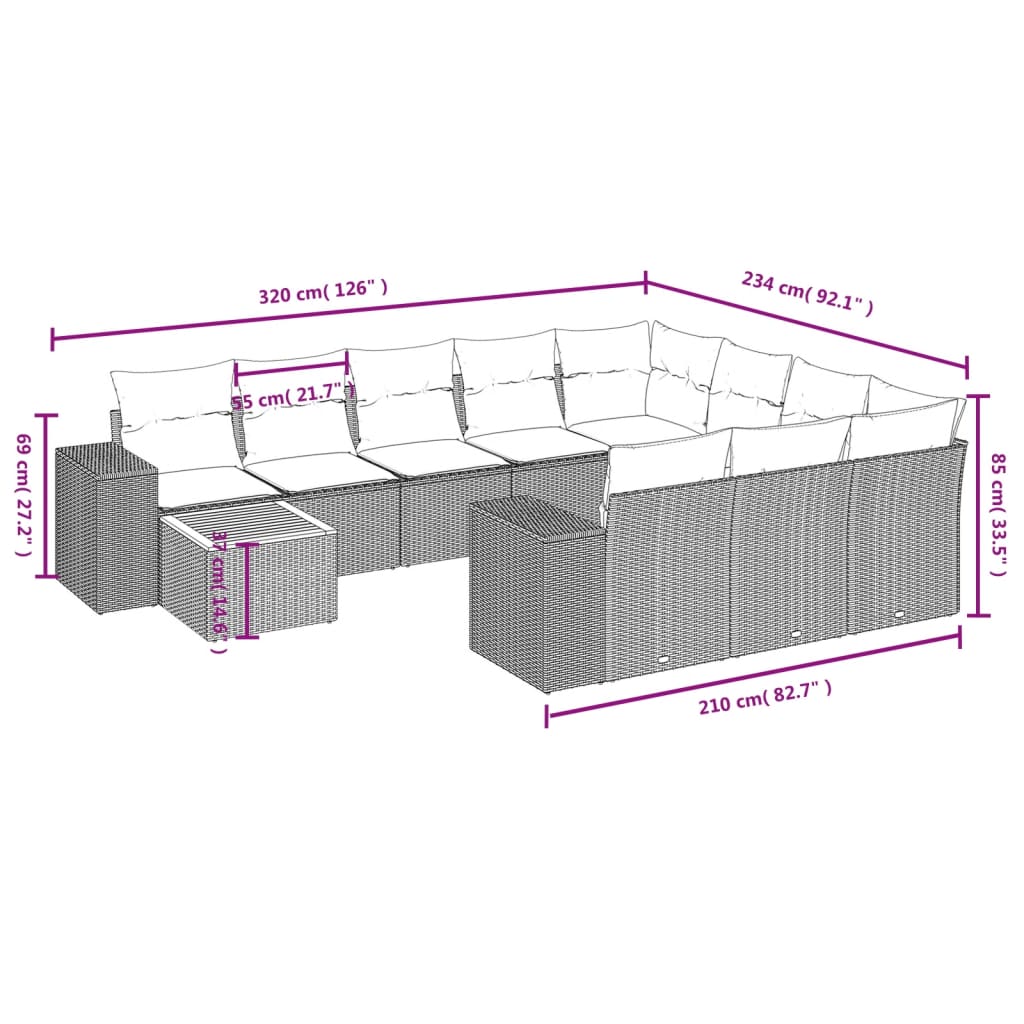 11-Delige Loungeset Met Kussens Poly Rattan Grijs