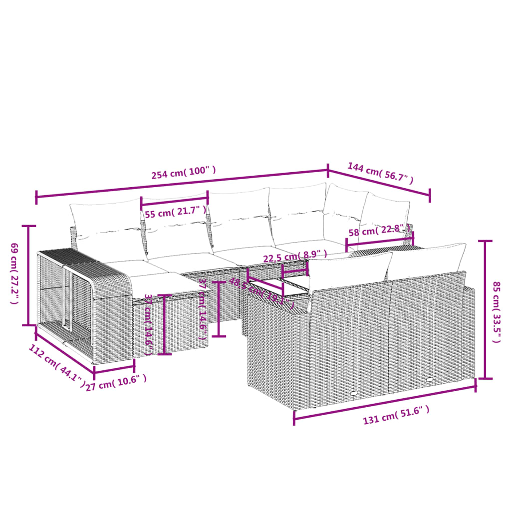 11-Delige Loungeset Met Kussens Poly Rattan Zwart