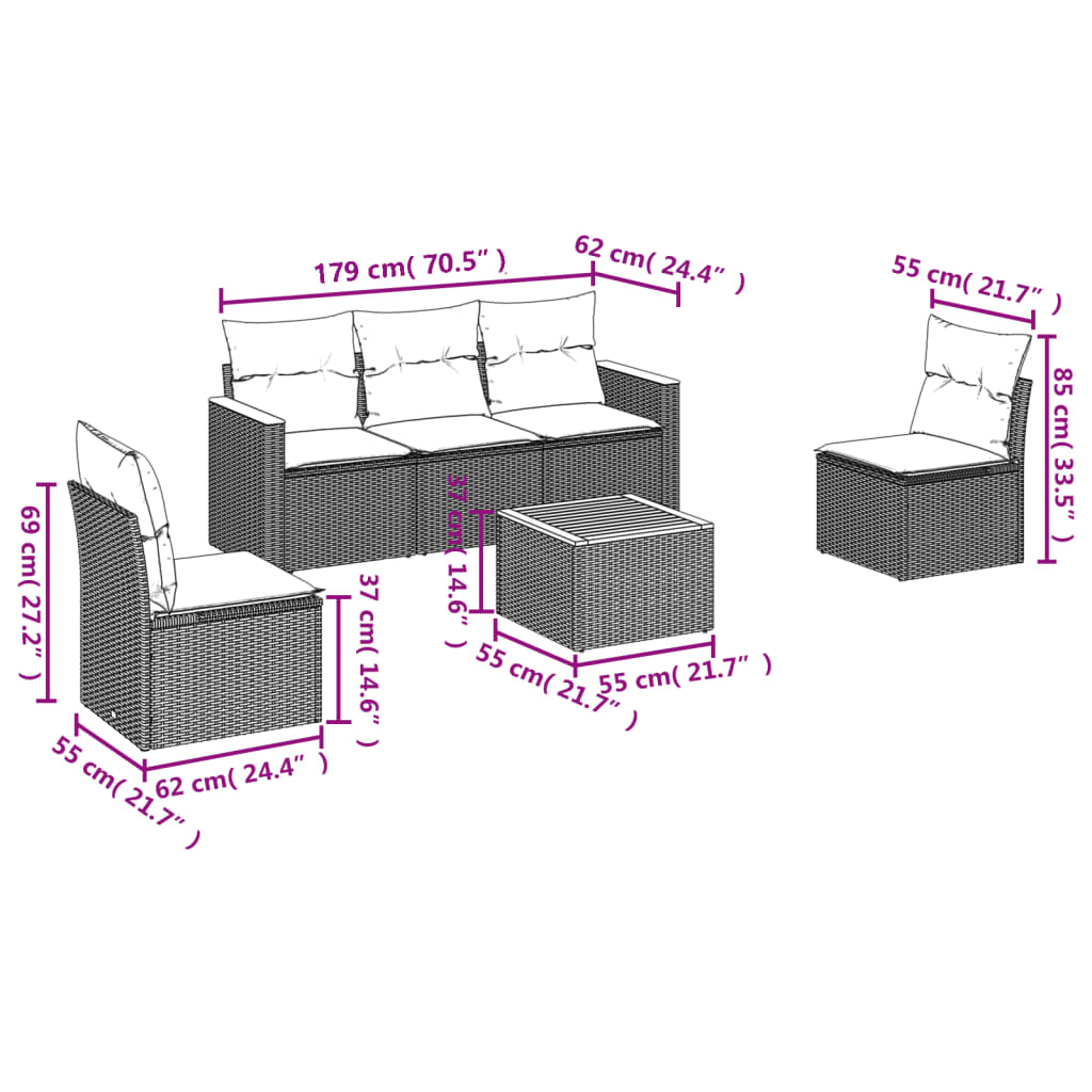 6-Delige Loungeset Met Kussens Poly Rattan Grijs