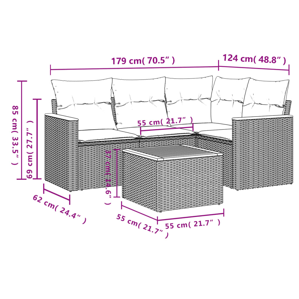5-Delige Loungeset Met Kussens Poly Rattan Grijs