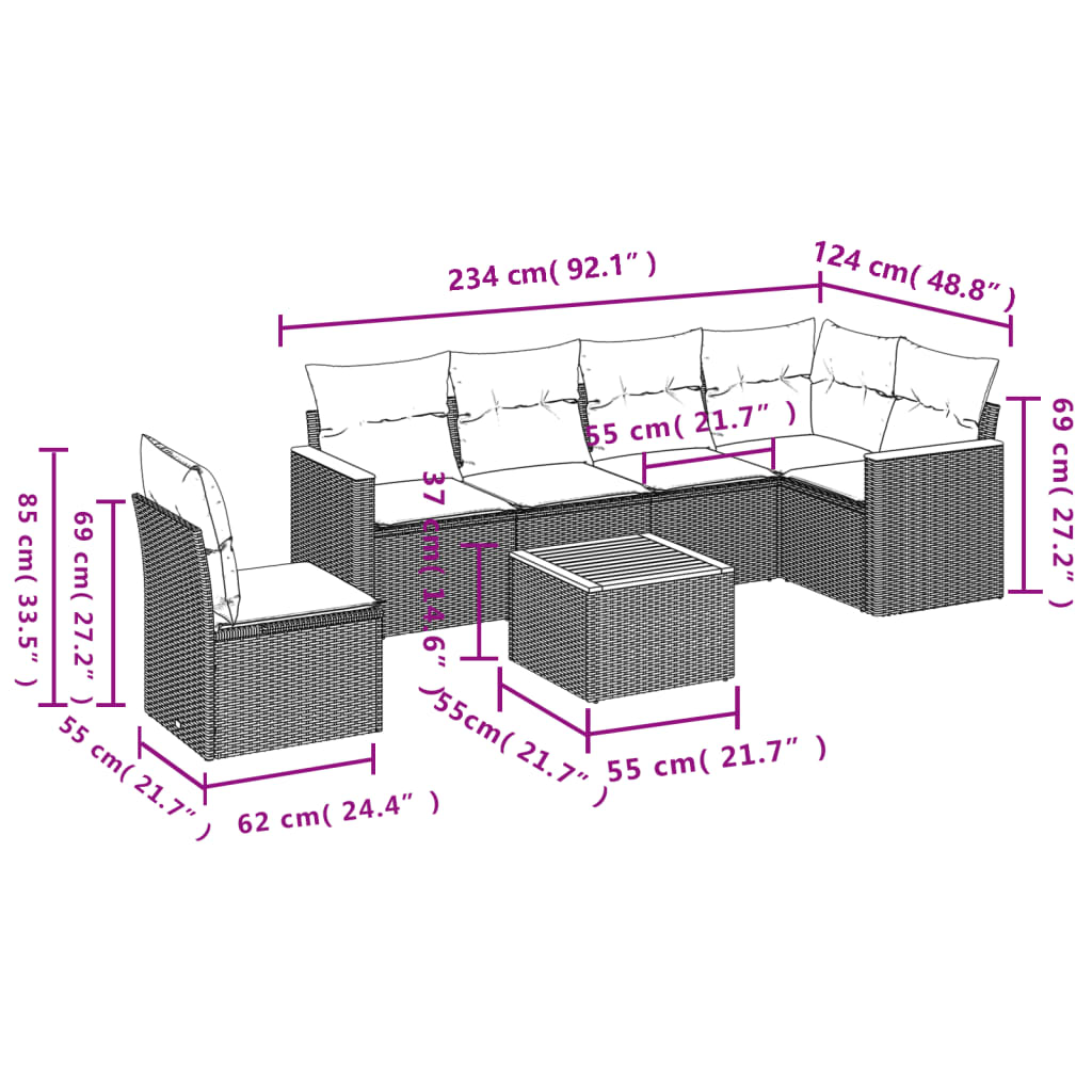 7-Delige Loungeset Met Kussens Poly Rattan Grijs